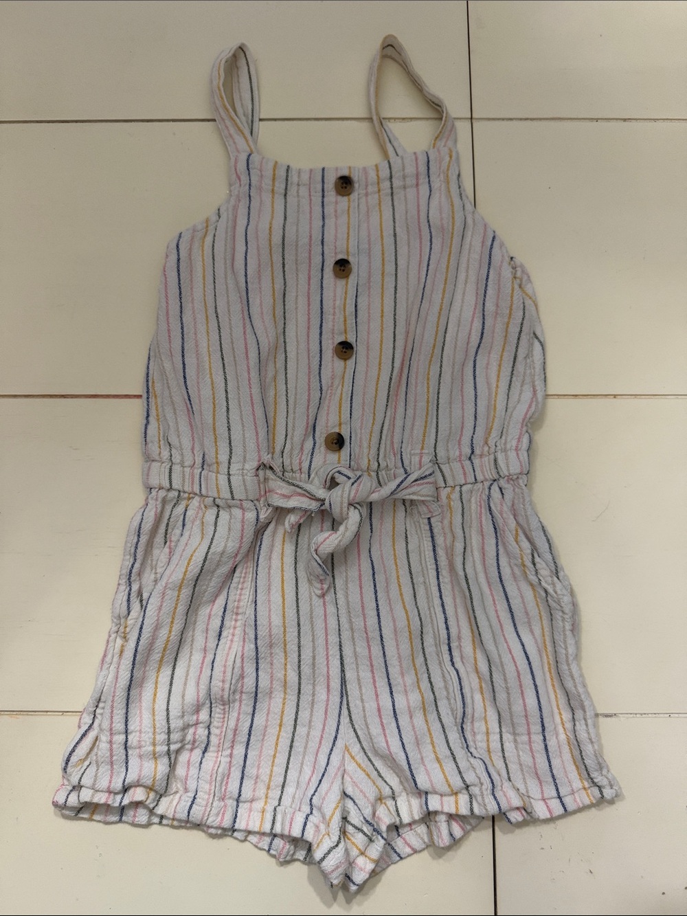 Old Navy Cream Linen-like, Pocket, Multi-Stripe Girls Romper with Tie Waist